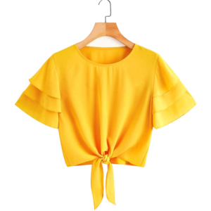Layed Sleeve Knot Hem Crop Blouse